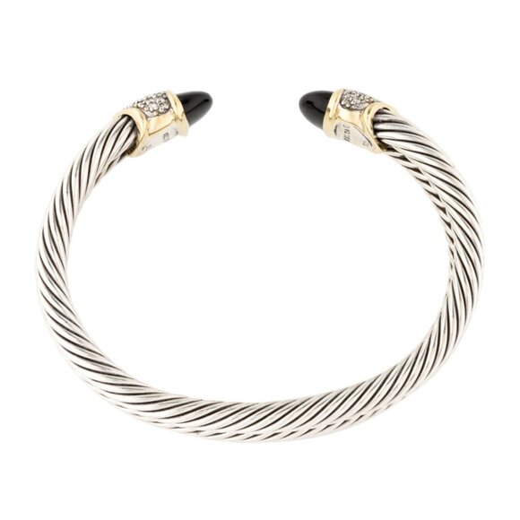 DAVID YURMAN STERLING SILVER & 18K YG ONYX & DIAMOND CAPRI CUFF BRACELET - Picture 5 of 10
